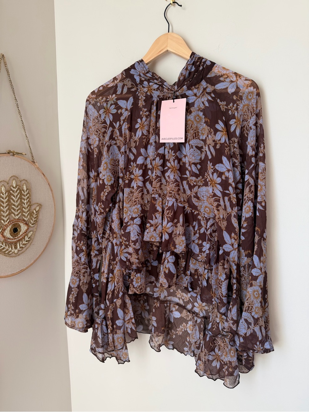 Brown blue Floral Ruffle tie back neckline long sleeve blouse